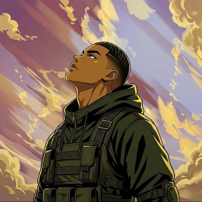 An illustration of a man in tactical gear looking upward against a dramatic sky with clouds.