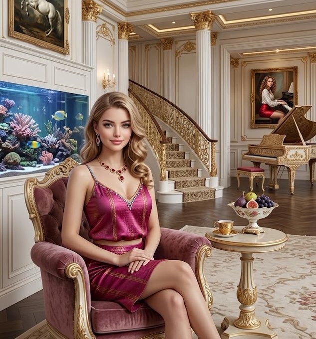 The image features a woman sitting in an ornate chair with gold accents, wearing a pink dress. The room has a grand piano and a fish tank as part of its decor. In front of her are two bowls filled with fruit, including apples and grapes. The background includes a painting on the wall and a gold-colored staircase. The image also contains text that reads "I wish everyone a good evening. @wallchain is creating new opportunities for users to benefit from their online activity. A forward thinking project bringing transparency, utility, and stronger connections to Web3."