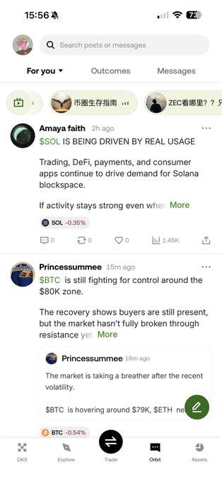 A screenshot of the Robinhood app showing the "For you" feed with cryptocurrency posts about $SOL being driven by real usage and $BTC trading around $79K near the $80K zone, displayed on a phone with 79% battery at 15:56. The image illustrates the merged Orbit and Outcomes prediction feature integration mentioned in the post, showing real-time crypto market commentary and predictions in the app's feed.