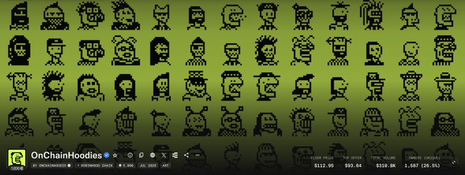 A grid of pixel art character portraits on a green background, with the text 'OnChainHoodies', 'SOTSWAP CHAIN', and stock ticker information showing FLOOR PRICE $112.05 and 24H VOL $110.8K.