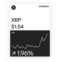A Coinbase price widget showing XRP trading at $1.54, up 1.96% on the day, with a price chart illustrating recent upward momentum—supporting the post's celebratory "we're back baby" sentiment.