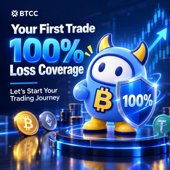 A friendly blue horned mascot holding a "100%" shield stands among Bitcoin, Ethereum, and Tether coins in front of a rising chart, promoting BTCC's "Your First Trade 100% Loss Coverage" offer to launch users' trading journey.
