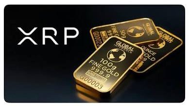 The image features gold bars branded "GLOBAL FINCECO GOLD" prominently displayed alongside the "XRP" logo, visually reinforcing the post's claim that "#XRP = 1 OZ OF GOLD." The combination of the cryptocurrency ticker with physical gold bars illustrates the post's assertion that XRP will be backed by gold.