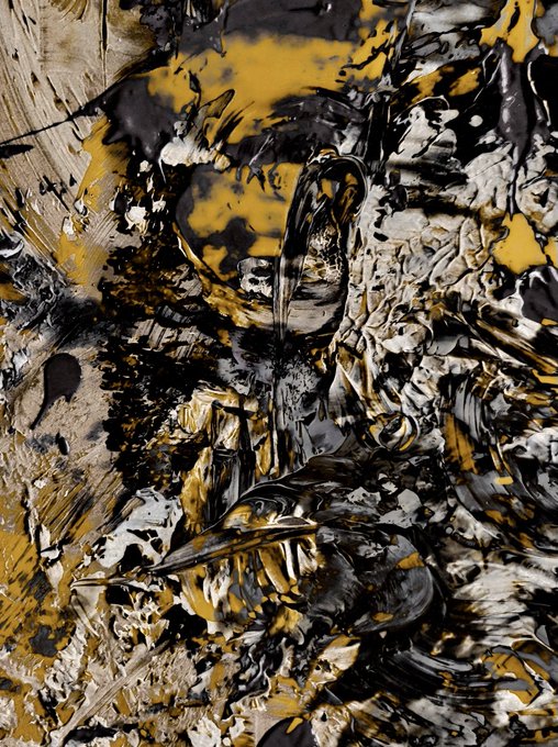 urn of paint with black, white, and yellow colors that looks like a bird or an animal.