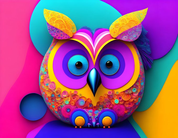 A colorful digital illustration of a stylized owl with intricate patterned plumage in bright yellow, pink, blue, and purple tones against a gradient background.