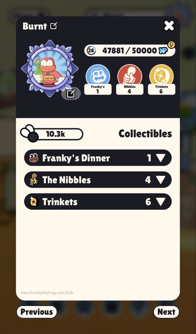 A screenshot of a 'Burnt' game profile showing level 28 and collectibles including 1 Franky's Dinner, 4 Nibbles, and 6 Trinkets.