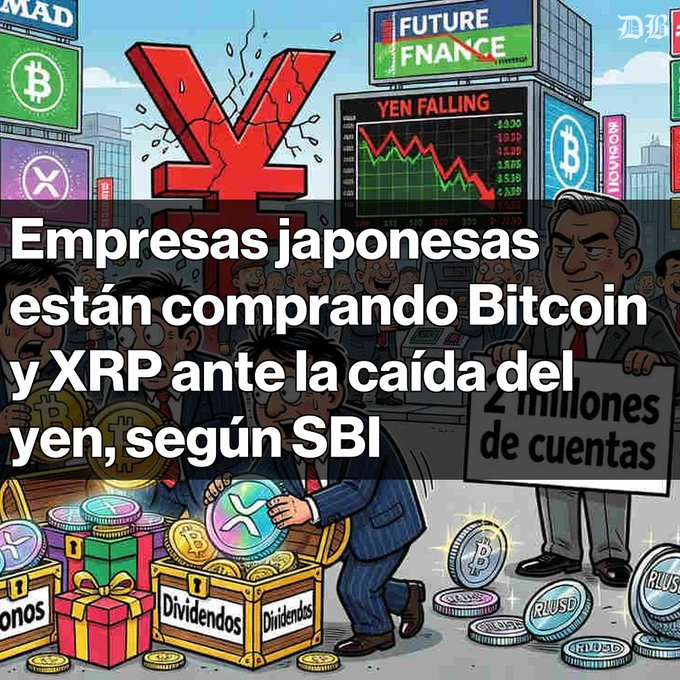 A cartoon-style illustration depicts Japanese businessmen purchasing Bitcoin and XRP (shown as large coins) from chests labeled "Dividendos," set against a backdrop of falling yen charts, Bitcoin symbols, and a "FUTURE FNANCE" billboard. The Spanish headline reads "Empresas japonesas están comprando Bitcoin y XRP ante la caída del yen, según SBI," with one figure holding a sign stating "2 millones de cuentas," visually reinforcing the post's key points about SBI VC Trade's account milestone and Japanese companies turning to crypto amid yen weakness.