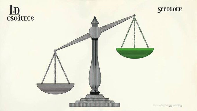 An illustration of a balance scale with one empty grey pan and one green pan filled with liquid, with stylized text reading 'In Justice' and 'seeouiex' in the corners.