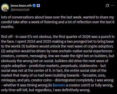 Tweet by jesse.base.eth (@jessepollak) sharing a candid take on the crypto market over 2024-2025, reflecting on the bet on builders vs. social apps and mentioning $sansem as a creator coin.