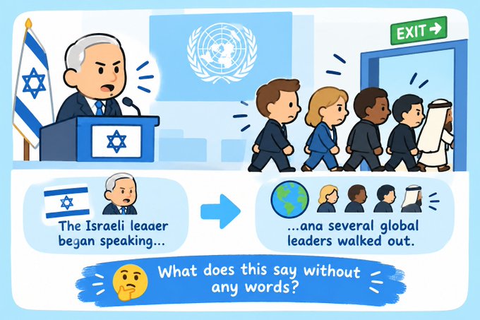 A cartoon depicts Israeli Prime Minister Netanyahu speaking at a podium with an Israeli flag, while global leaders walk out through an exit door below a UN emblem. The image visually reinforces the post's caption about Netanyahu's speech prompting a walkout by international leaders, highlighting the diplomatic protest as a powerful silent statement.