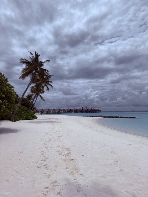 A tropical beach scene features white sand with footprints, palm trees leaning toward the water, and overcast gray clouds over distant overwater bungalows.
