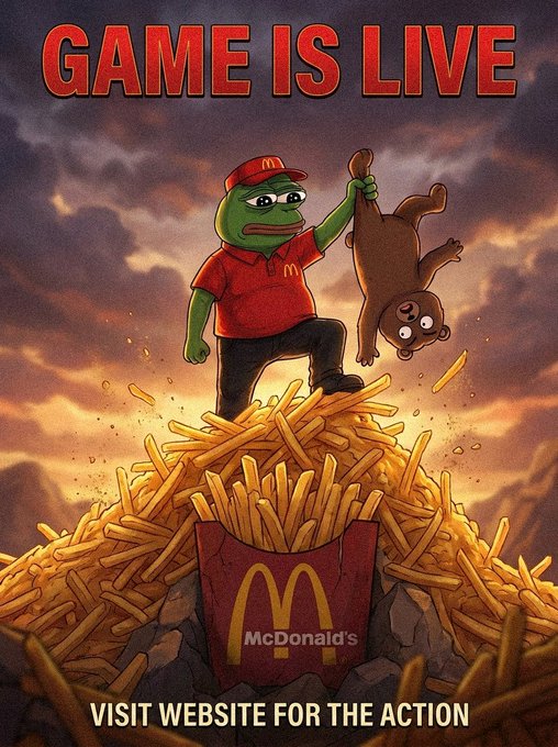 A meme-style McDonald's advertisement parodying the 'Game is Live' format, featuring the Pepe mascot in McDonald's uniform standing on a mountain of french fries holding a dog, with text 'VISIT WEBSITE FOR THE ACTION'.