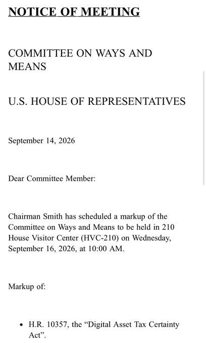 A 'Notice of Meeting' document from the U.S. House of Representatives Committee on Ways and Means, dated September 14, 2026, scheduling a markup of H.R. 10357, the 'Digital Asset Tax Certainty Act'.