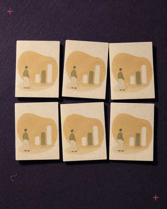 Six identical square stickers or cards are arranged in two rows, each depicting a small illustrated figure observing a bar graph.
