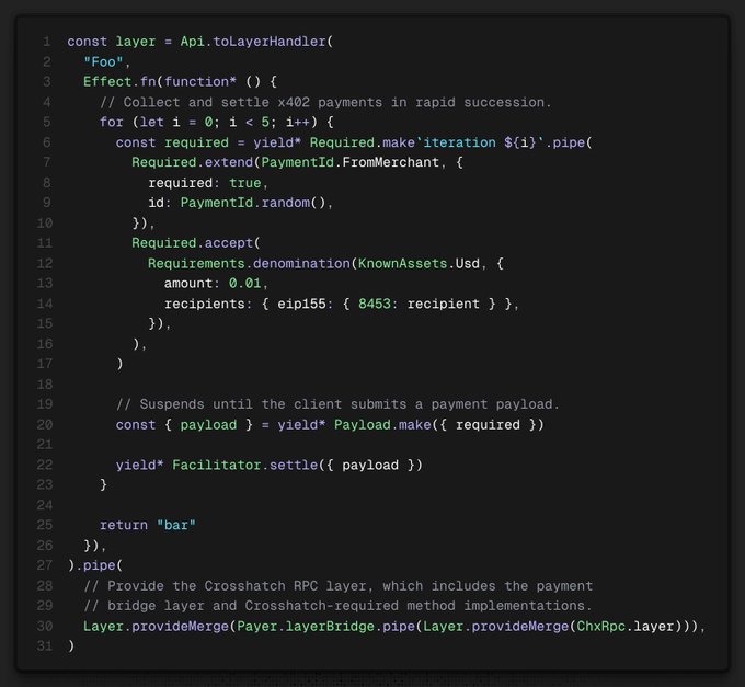 A code snippet defining a layer handler that collects and settles x402 payments using generators, denominated in USD with payments sent to an EIP-155 recipient address.