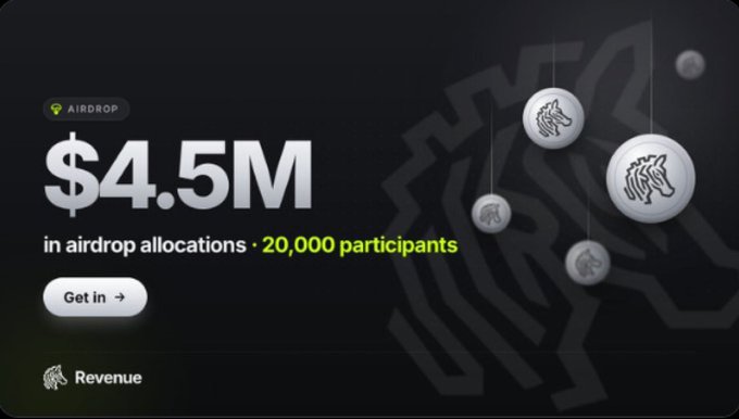 A promotional graphic advertises "$4.5M in airdrop allocations" with "20,000 participants" from "Revenue," featuring circular coin-like icons with wolf/horse emblems. The image illustrates the type of flashy airdrop marketing that the post warns about as a potential scam, cautioning users to be vigilant about connecting wallets or sharing seed phrases for offers like this Revenue airdrop.