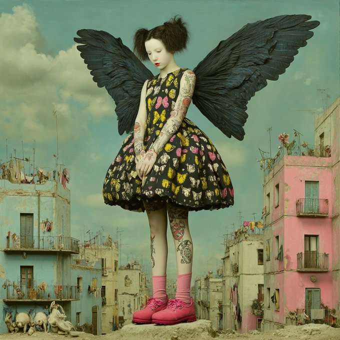 A surreal digital artwork depicts a pale girl with dark wings and a colorful butterfly-patterned dress, covered in tattoos, standing atop a rooftop in a dilapidated urban setting with small rabbit-like creatures nearby.