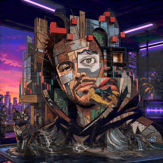 A complex cyberpunk-style digital illustration features a man's face fragmented with circuit boards, mechanical parts, and cityscapes, set against a vibrant purple and orange sunset with a small cat wearing a harness on the left.
