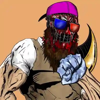 A stylized illustration of a bearded man wearing a pink backwards cap, 3D glasses, and wielding a curved blade, with a metallic skull-like jaw.