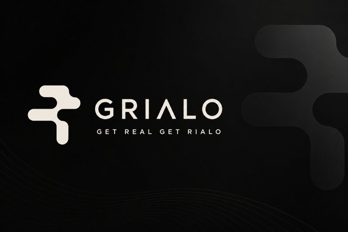 The image displays the "GRIALO" brand logo with the tagline "GET REAL GET RIALO" on a black background, accompanied by an abstract stylized "F" or cross-like emblem. The minimalist branding aligns with the post's contemplative tone about Rialo's understated approach to bringing real-world data into smart contracts, emphasizing the "get real" message of authenticity over hype.