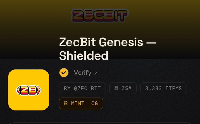 A digital profile for 'ZecBit Genesis — Shielded' shows a verified collection by @zec_bit on the ZSA chain with 3,333 items.