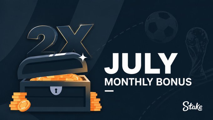 The image is a promotional graphic featuring a dark treasure chest overflowing with gold coins, labeled with "2X" above it, alongside the text "JULY MONTHLY BONUS" and the "Stake" logo, with faint soccer ball and trophy icons in the background. It visually reinforces the post's offer of doubling the July monthly bonus for 20 lucky participants who engage with the giveaway.