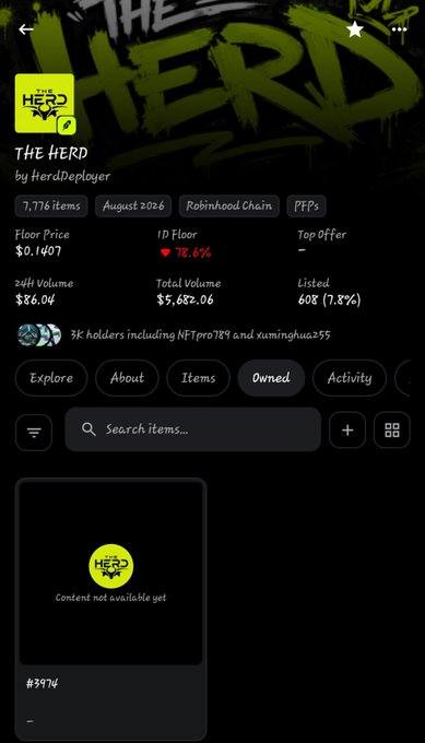 A screenshot of a crypto/NFT project page titled "THE HERD" by HerdDeployer, showing stats like Floor Price $0.1407, 7,776 items, and tags including "August 2026", "Robinhood Chain", and "PEPs".