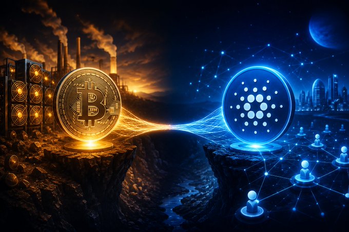 A digital artwork depicting a gold Bitcoin coin and a blue Cardano (ADA) coin standing on opposite cliffs, representing the contrast between traditional industrial mining and modern decentralized networks with glowing data connections between them.
