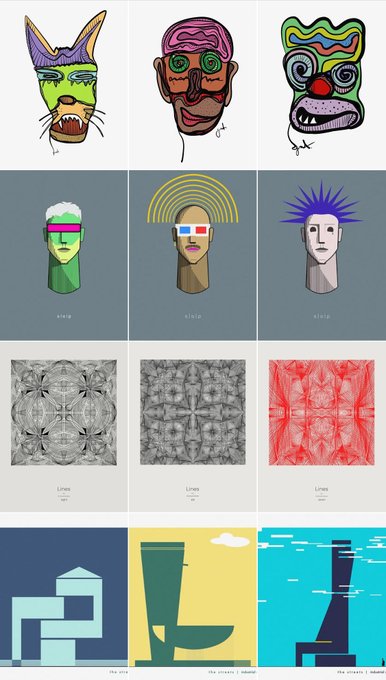 A grid showcasing various stylized digital art pieces, including cartoon masks, sculptural heads, kaleidoscopic patterns, and architectural illustrations in bold colors.