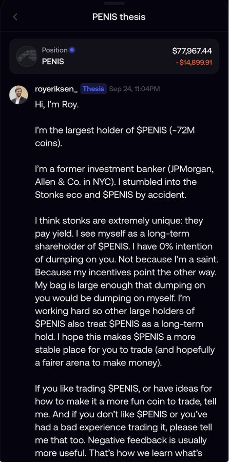 A Telegram post by 'royeriksen_' titled 'PENIS thesis', describing himself as the largest holder of $PENIS (~72M coins) and a former investment banker from JPMorgan and Allen & Co, with a position showing $77,967.44 (-$14,899.91).