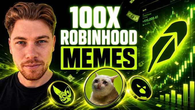 The image is a YouTube thumbnail featuring Mr Beast alongside bold text reading "100X ROBINHOOD MEMES" with green-themed graphics of cryptocurrency charts, cat mascots, and the Robinhood logo. It visually promotes the video's focus on high-potential meme coins like $CASHCAT, $HOODRAT, and $JUGGERNAUT trading on Robinhood, matching the post's callout about opportunities in the "RH trenches."