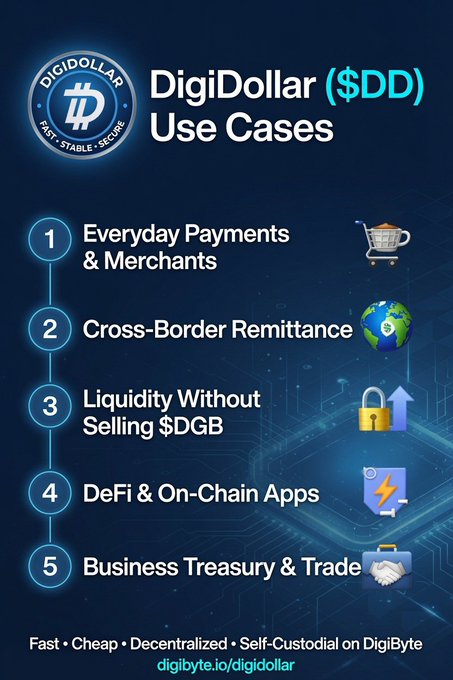 The image shows a poster for DigiDollar (dd), which is a stablecoin designed to be used as a digital currency. The poster highlights its features, including its ability to function without banks or centralized authorities, making it a decentralized form of currency. It also mentions that users can lock their assets with the $DGB token and use it for transactions on the DigiByte blockchain. The post emphasizes the fast and cheap nature of the transaction fees, as well as the ease of use in trading the digital tokens.