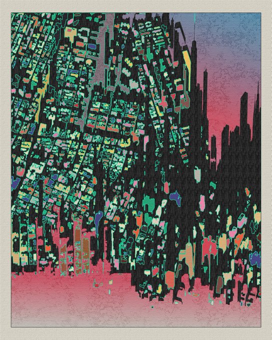 An abstract digital artwork depicting a fragmented, glitch-style cityscape with vibrant colors against a pink and purple sunset sky.