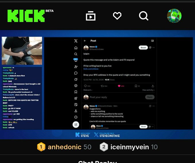 A screenshot of a Kick streaming interface displays a Twitter post by Steve (@SteveOnStake) about an ICLAIM airdrop, with chat and top contributors 'anhedonic' and 'iceinmyvein' listed below.