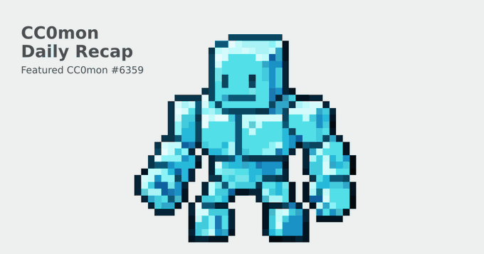 A pixel art graphic featuring a blue ice-themed character with text 'CC0mon Daily Recap' and 'Featured CC0mon #6359'.