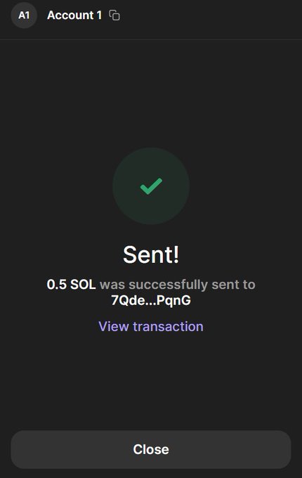 The image shows a confirmation of a successful transaction of 0.5 SOL sent to the wallet address 7Qde...PqnG from Account 1, aligning with the post's announcement of sending SOL to lucky recipients.
