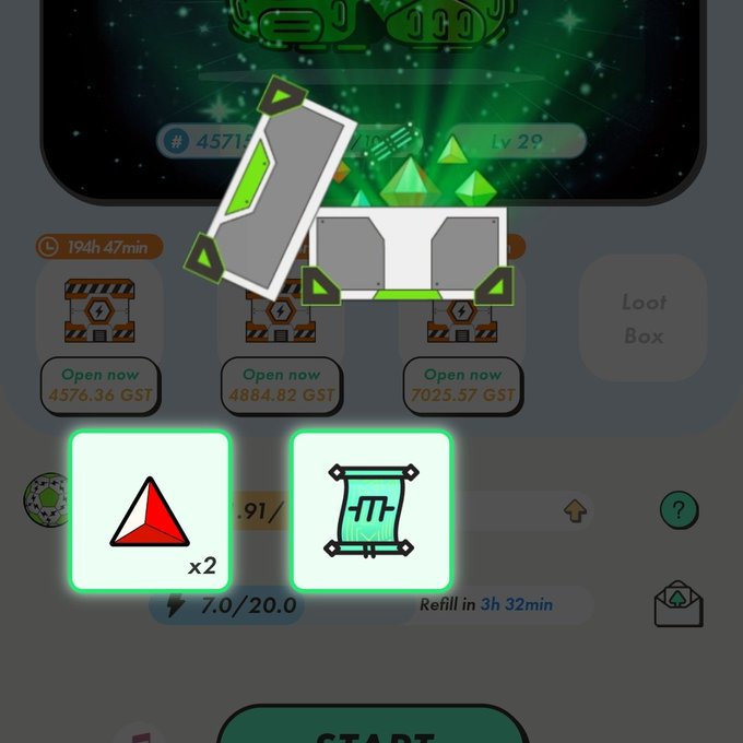 The image shows a screenshot of an app interface with several icons, including a green triangle icon pointing towards a "Start" button at the bottom left corner. The text above the icons reads "#STEPN Pulled from the downside MB4". This suggests that there might be some sort of error or issue in the app, possibly related to the "Start" button or the overall functionality of the app.