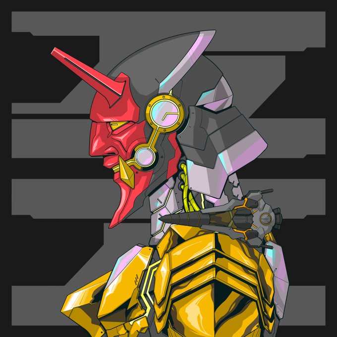 A red demonic helmet with horns is fused to a metallic robotic head, embodying the fusion of art and technology. This striking avatar complements the post's discussion of @0n1Force, an NFT founder known for innovative cross-chain expansions without launching a token.