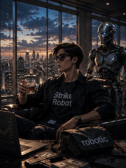 A digital artwork of a man wearing sunglasses and a 'Strike Robot' t-shirt, holding a glass of whiskey in a high-rise apartment with a humanoid robot standing behind him against a city skyline at sunset.