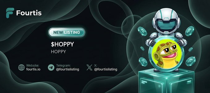 Fourtis announces its new listing of $HOPPY (HOPPY), a frog-themed memecoin, featuring a 3D astronaut mascot holding a HOPPY coin. The promotional graphic displays the ticker, price of $0.004057, and market cap of $4,057,852, alongside Fourtis's website and social handles.
