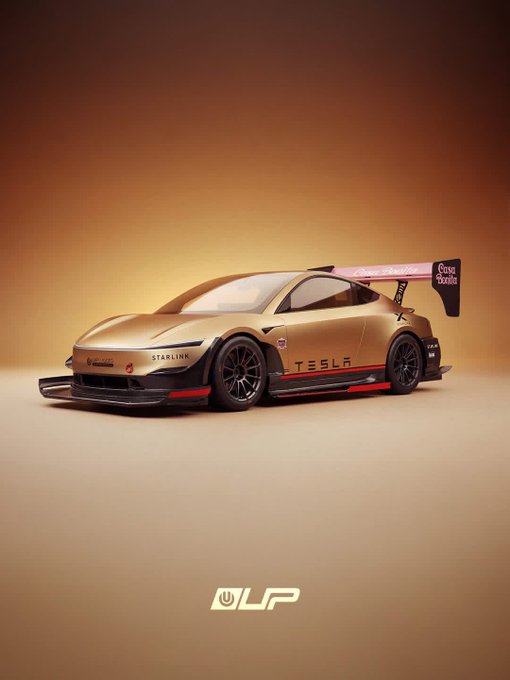 A gold Tesla car features racing decals including 'TESLA', 'STARLINK', and 'Game Rocks' with a large rear spoiler, displayed against a brown background with 'ULP' at the bottom.