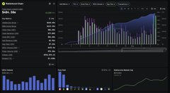 A Bitcoin mining dashboard interface showing hashrate charts, bar graphs, and various mining statistics on a dark theme.