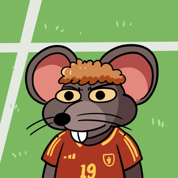 A cartoon illustration of a brown mouse character with curly brown hair, wearing a red soccer jersey with the number 19 and yellow stripes, standing on a green field.