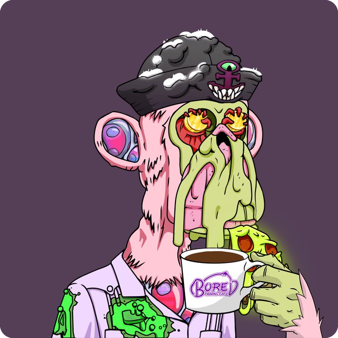 A cartoon illustration of a grotesque, melting zombie-like monkey character wearing a bucket hat with a cross logo, holding a coffee mug labeled 'BORED' from 'BORED APE YACHT CLUB'.