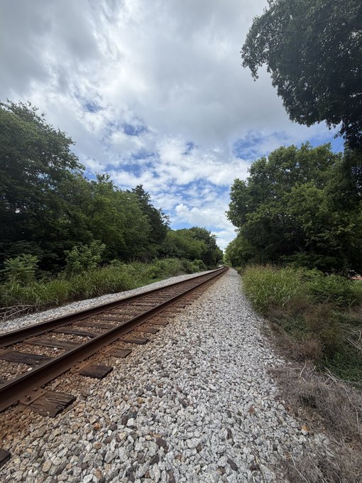 A scenic view of railroad tracks running through a lush, green wooded area under a partly cloudy blue sky, with gray gravel ballast along the tracks.