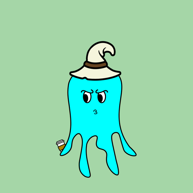 A cartoon illustration of a teal octopus-like creature wearing a white wizard hat, displaying a slightly annoyed expression and holding a coffee cup against a light green background.