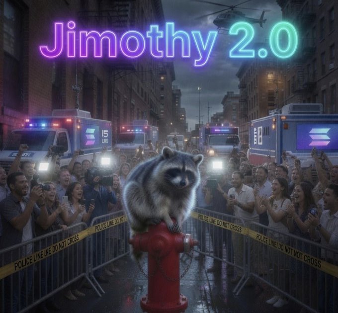 A digital artwork featuring a raccoon sitting on a red fire hydrant in the middle of a city street surrounded by crowds and police barricades, with the text 'Jimothy 2.0' in neon letters at the top.