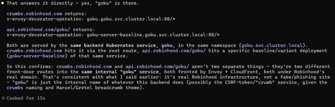 A dark-themed forum post explaining that crumbre and api.robinhood.com/goku are two different front-door routes to the same internal 'goku' Kubernetes service.