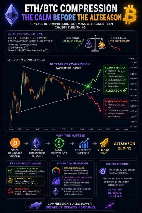 An infographic titled 'ETH/BTC COMPRESSION: THE CALM BEFORE THE ALTSEASON' showing a 10-year symmetrical triangle chart with bullish and bearish breakout scenarios and text including 'COMPRESSION BUILDS POWER. BREAKOUT CREATES FORTUNES.'
