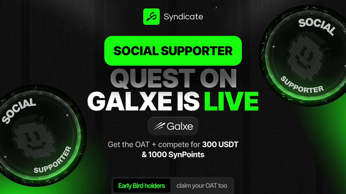 The image features two green circles with white text that reads "Social supporter quest on Galxe is live" along with a website address for the Galxe app. The website appears to be offering a contest or giveaway, as indicated by the phrase "claim your NFT".